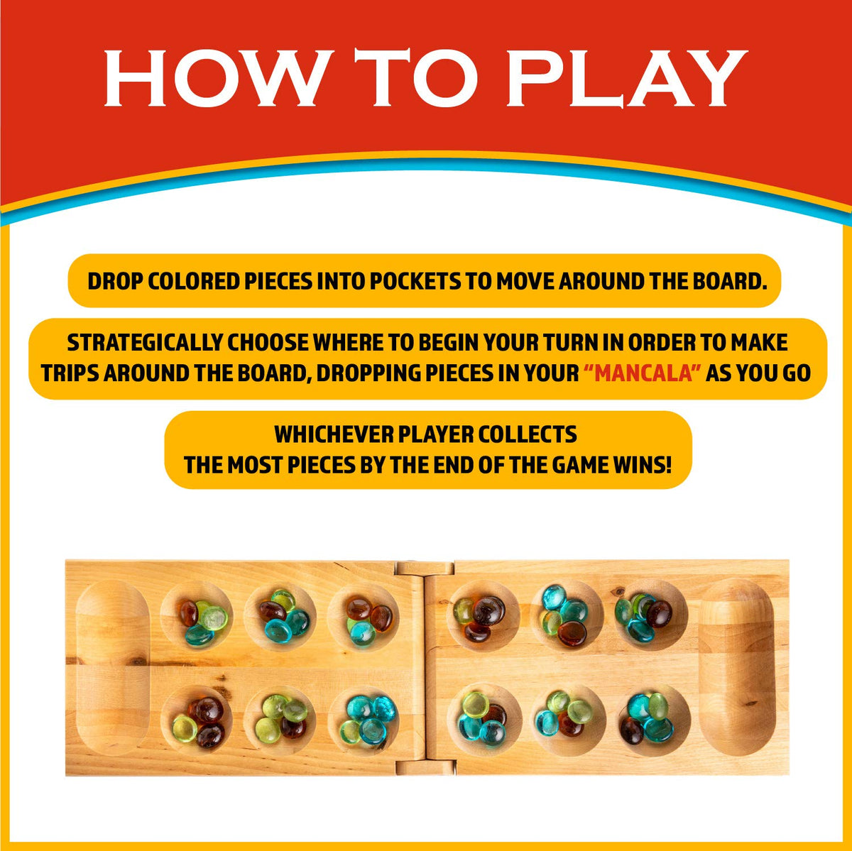 Mancala Board Game with Birch Wood Board & Glass Stones