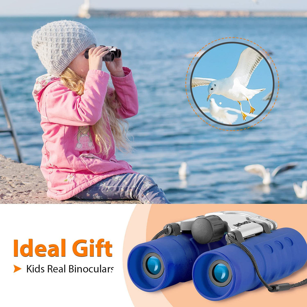 Child looking through binoculars beside a bird illustration