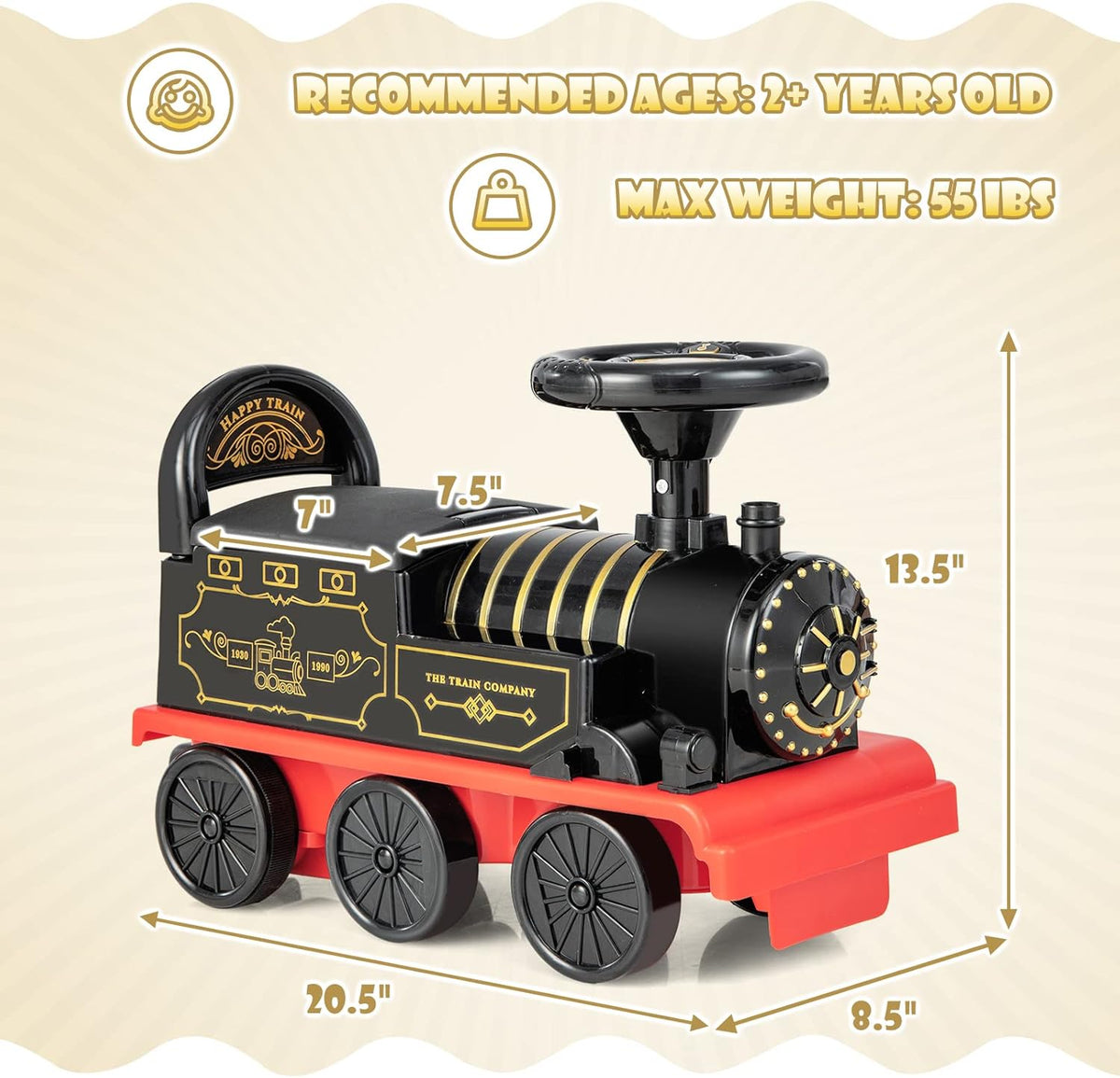 Kids Battery-Powered Ride-On Steam Train with Lights & Sounds