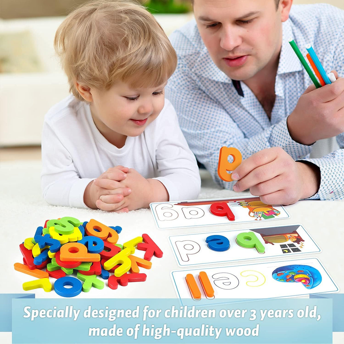 Montessori Spelling Game with 28 Double-Sided Cards & 52 Letters
