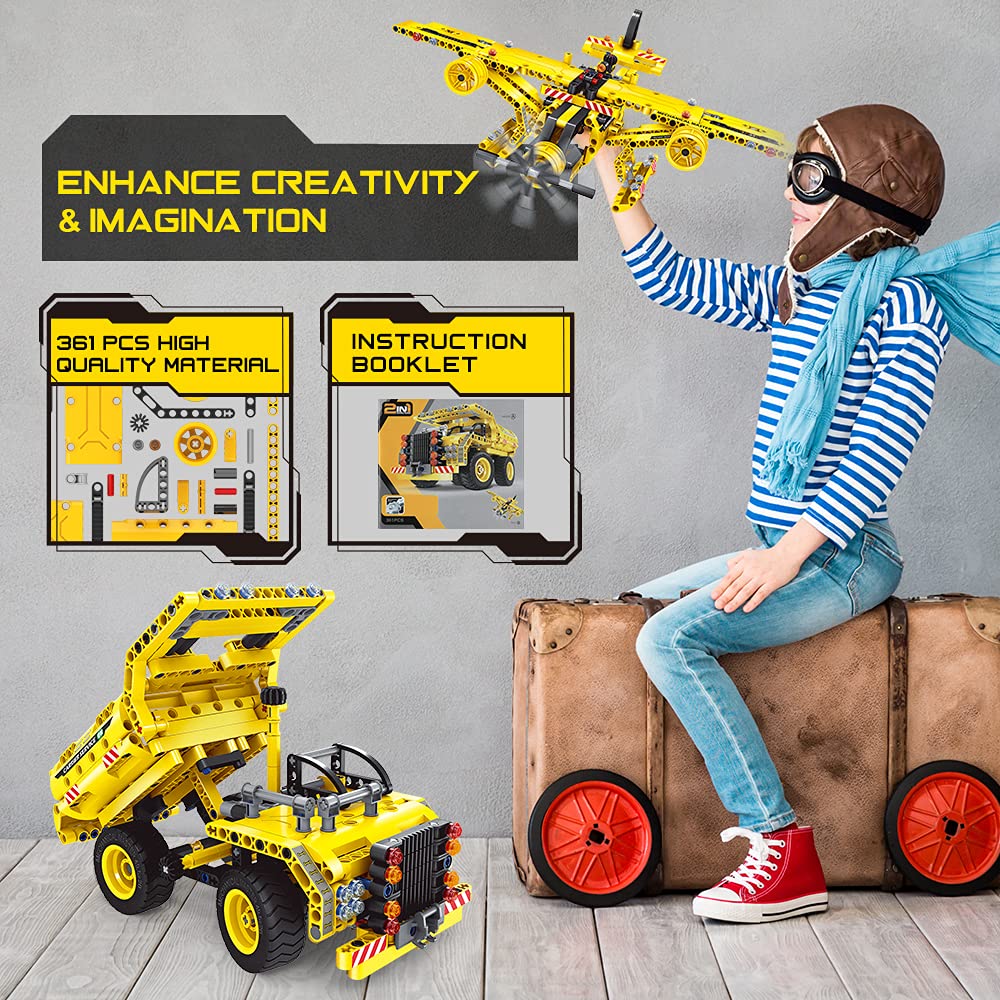 BAODLON 2-in-1 Truck & Airplane Building Kit, 361 Pieces