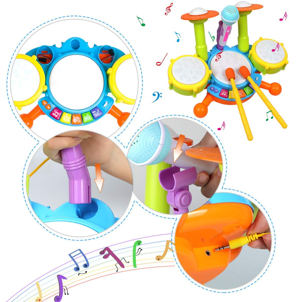 Microphone, cymbal and light-up pad detail views