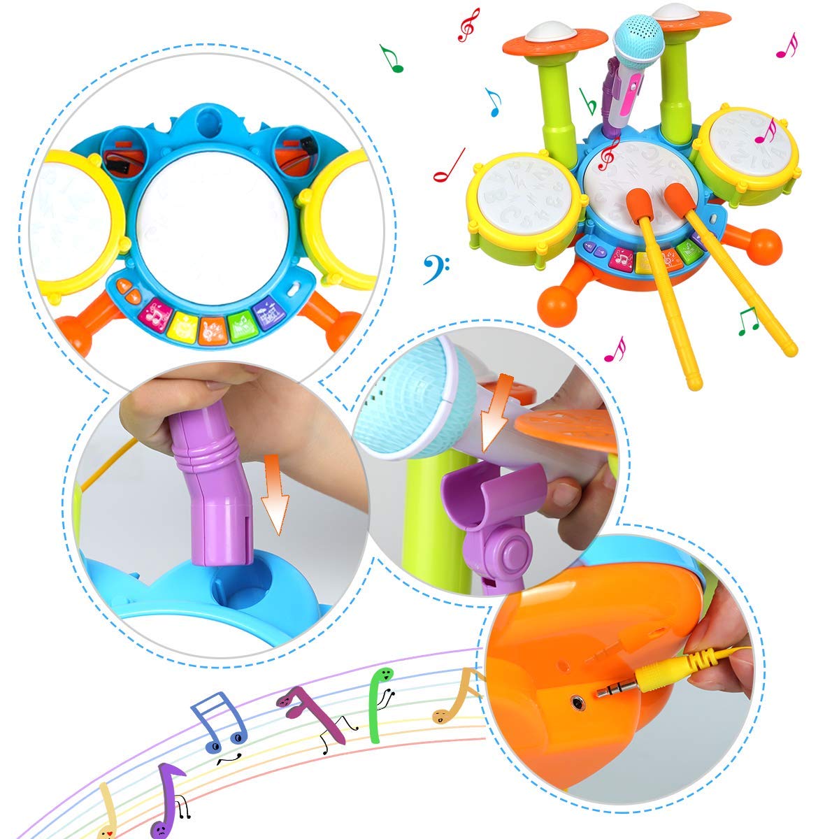 Microphone, cymbal and light-up pad detail views