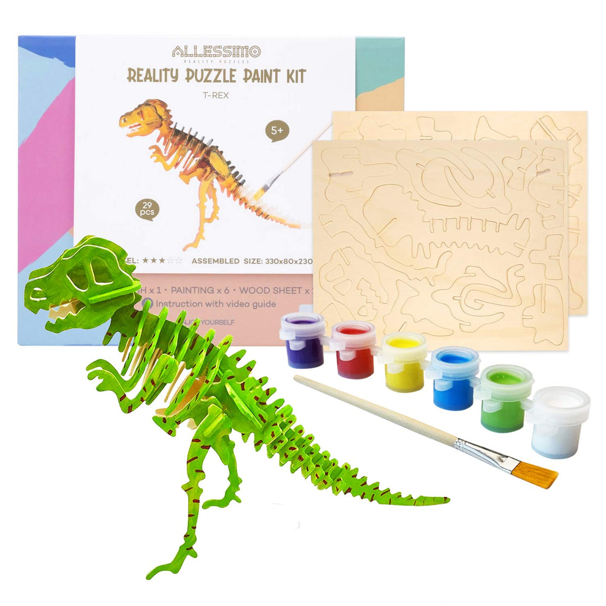 3D Wooden T-Rex Puzzle & Paint Kit, 29 Pieces