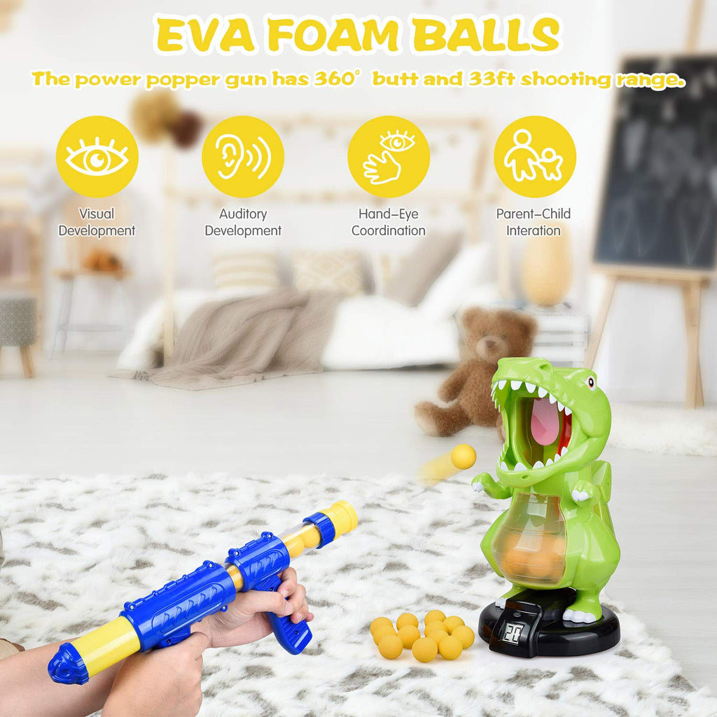EVA foam balls and blue pump blaster pictured with dinosaur target