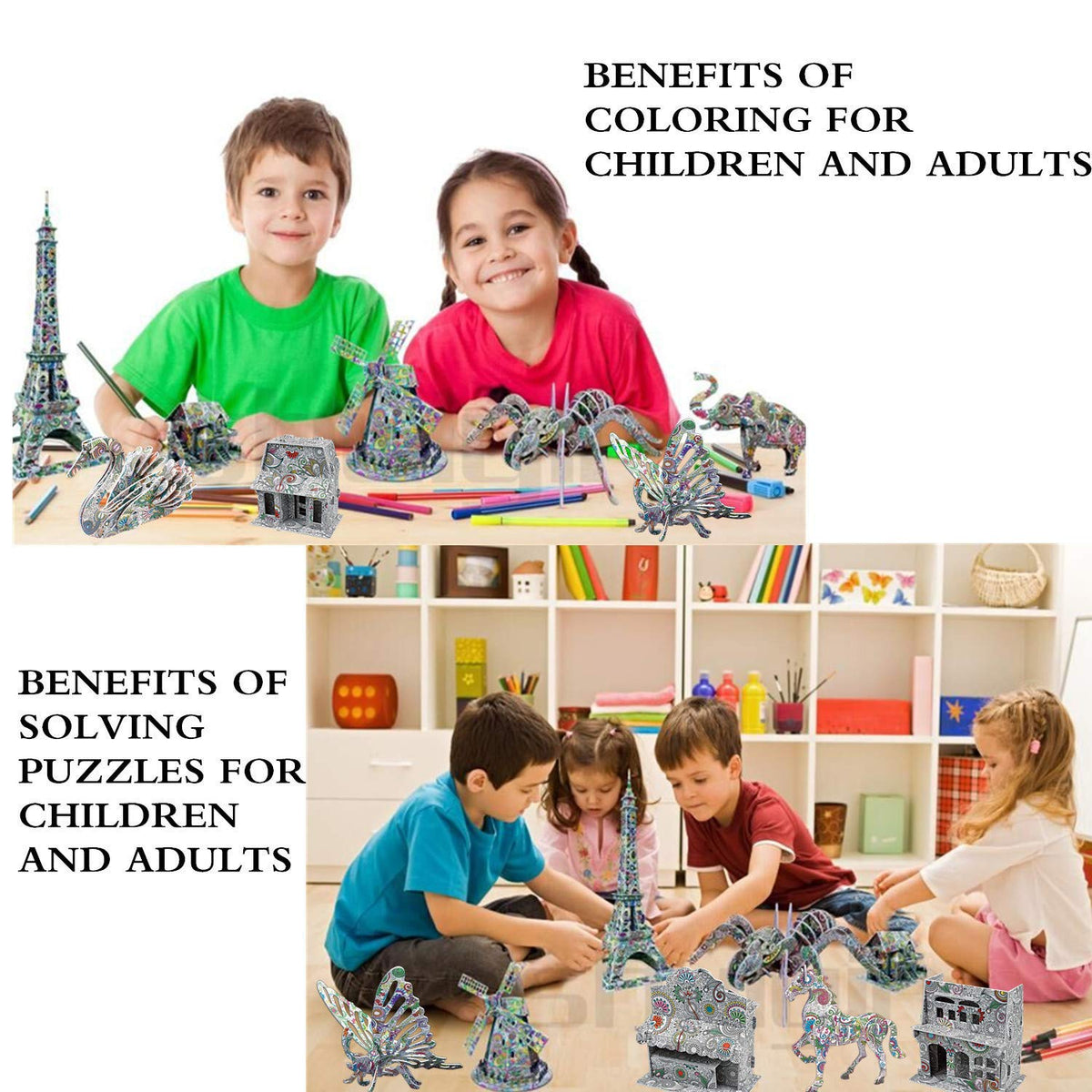 3D Coloring Puzzle Set for Kids, 10 Models & 48 Gel Pens