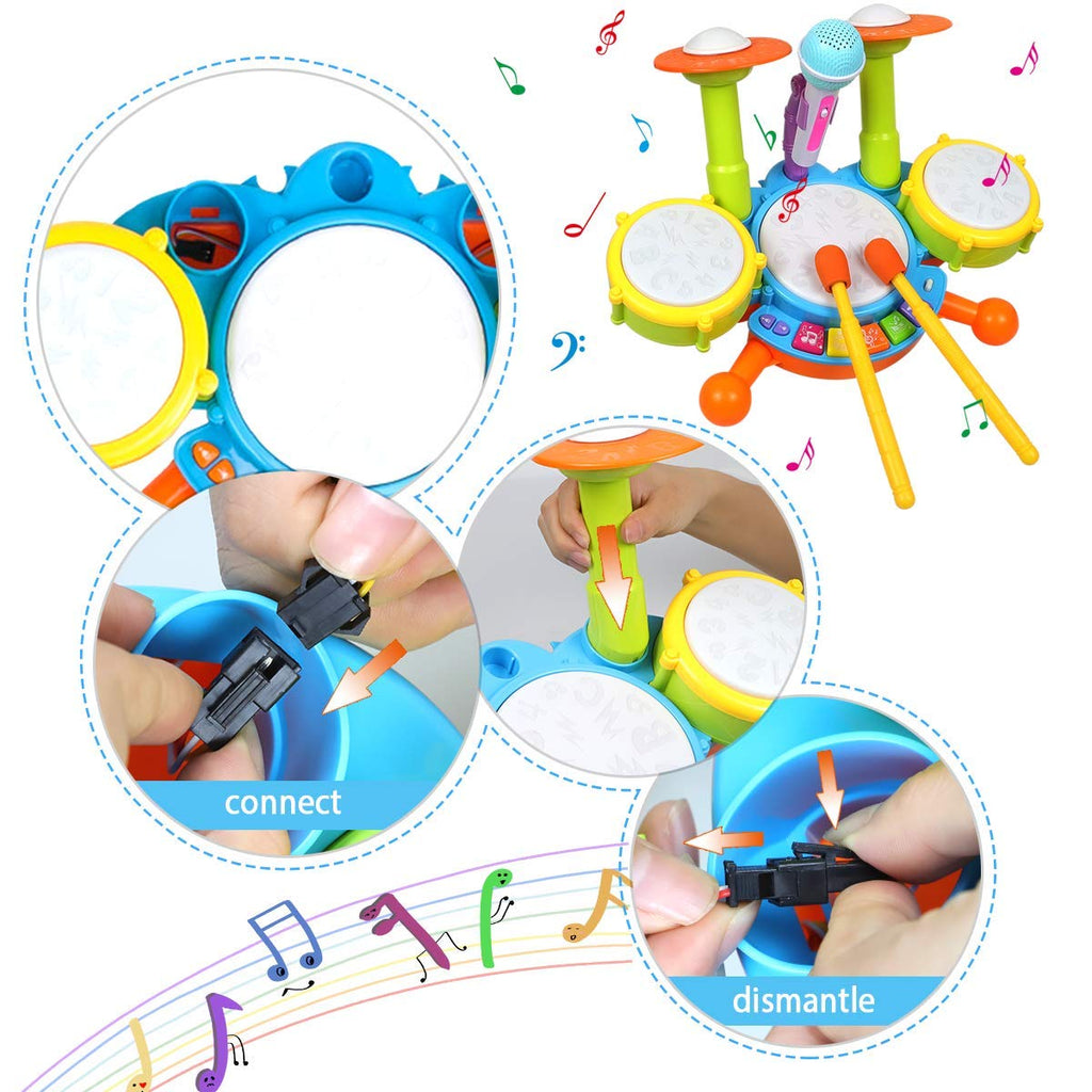 Hands striking the toy drum pads with sticks