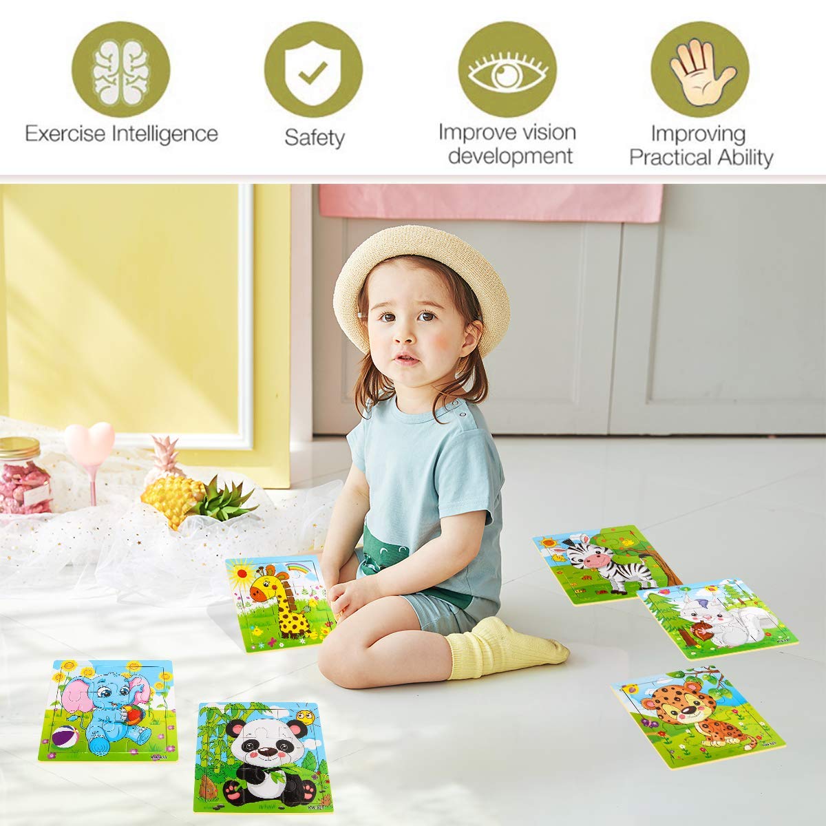 Wooden Animal Puzzles for Toddlers, 6-Puzzle Set, 20 Pieces Each