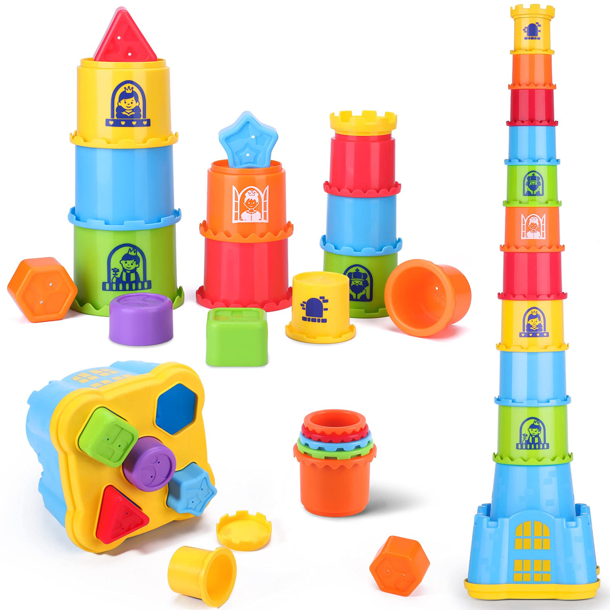 18-Piece Castle Stacking Cups & Shape Sorting Toy, Ages 12 Months–6 Years
