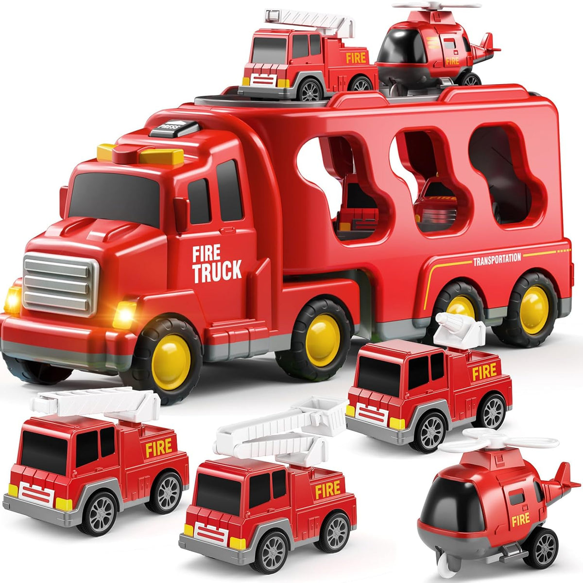 5-in-1 Fire Rescue Carrier Truck Set with 4 Mini Vehicles
