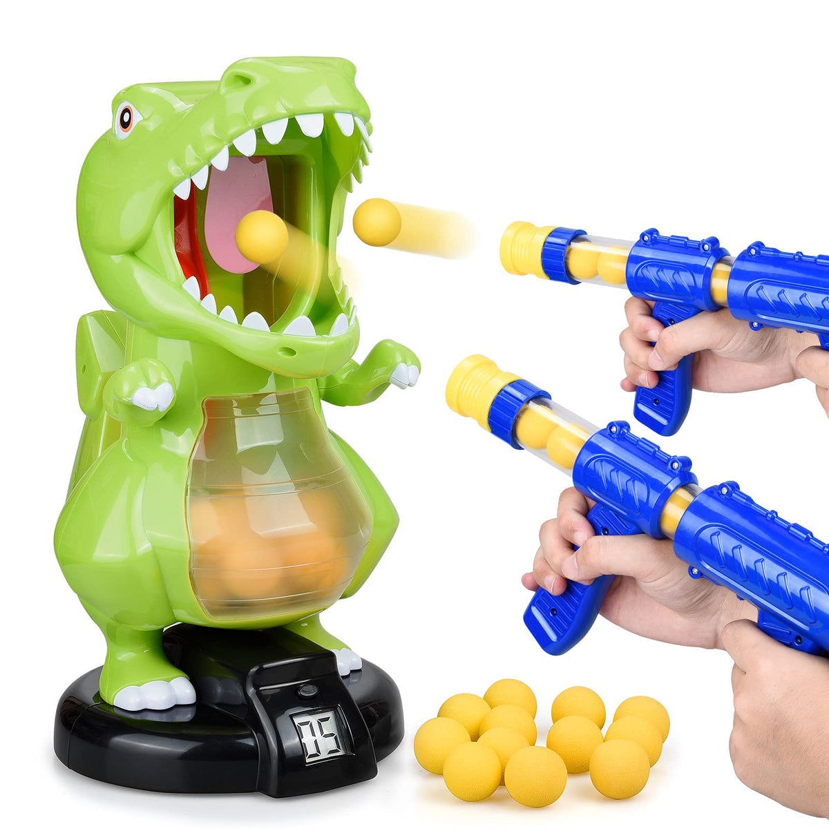 Green dinosaur target with blue foam-ball blaster and yellow balls
