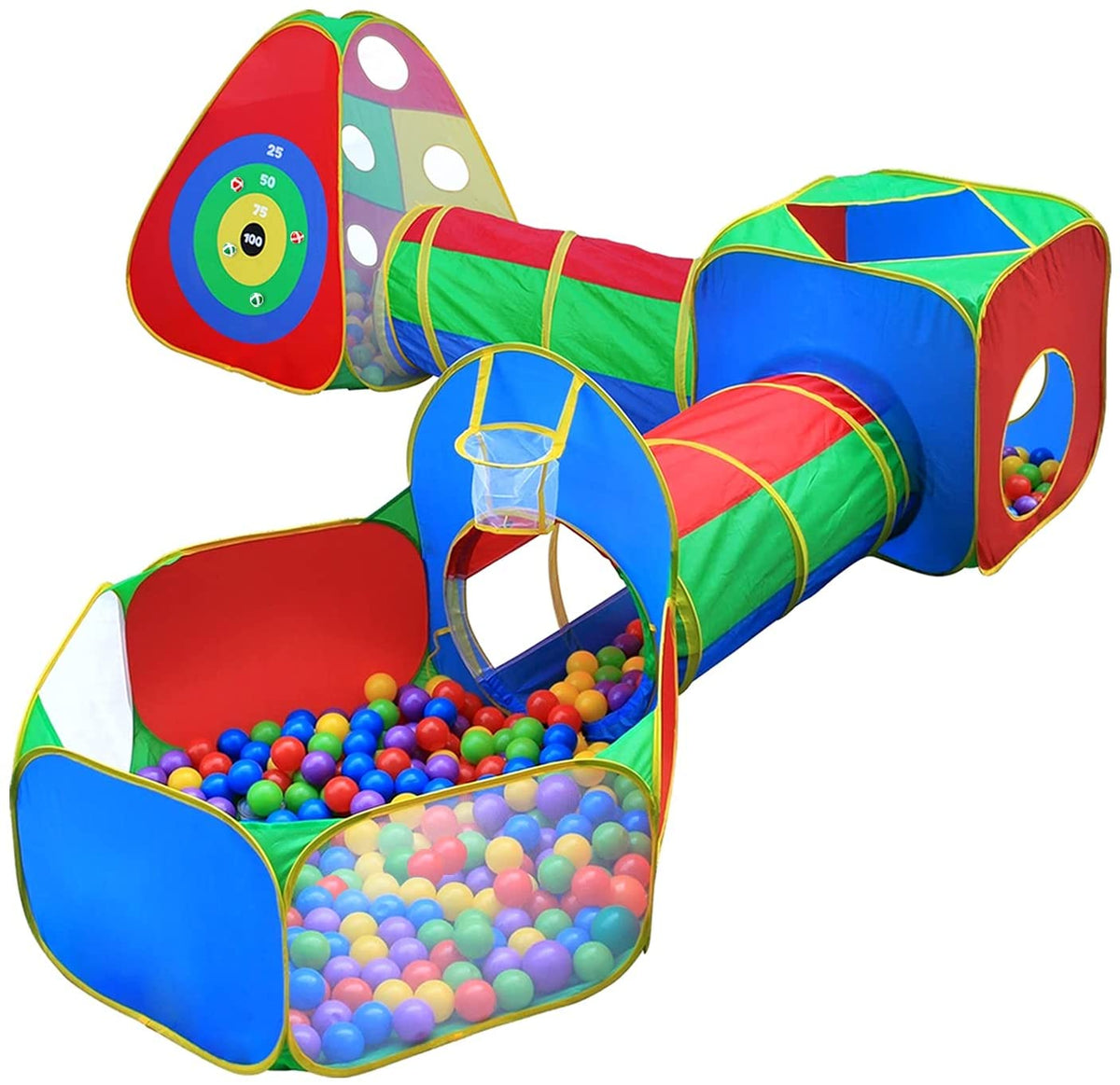 Kids Crawling Tent & Tunnel Play Set with Cube Ball Pit and Hoop