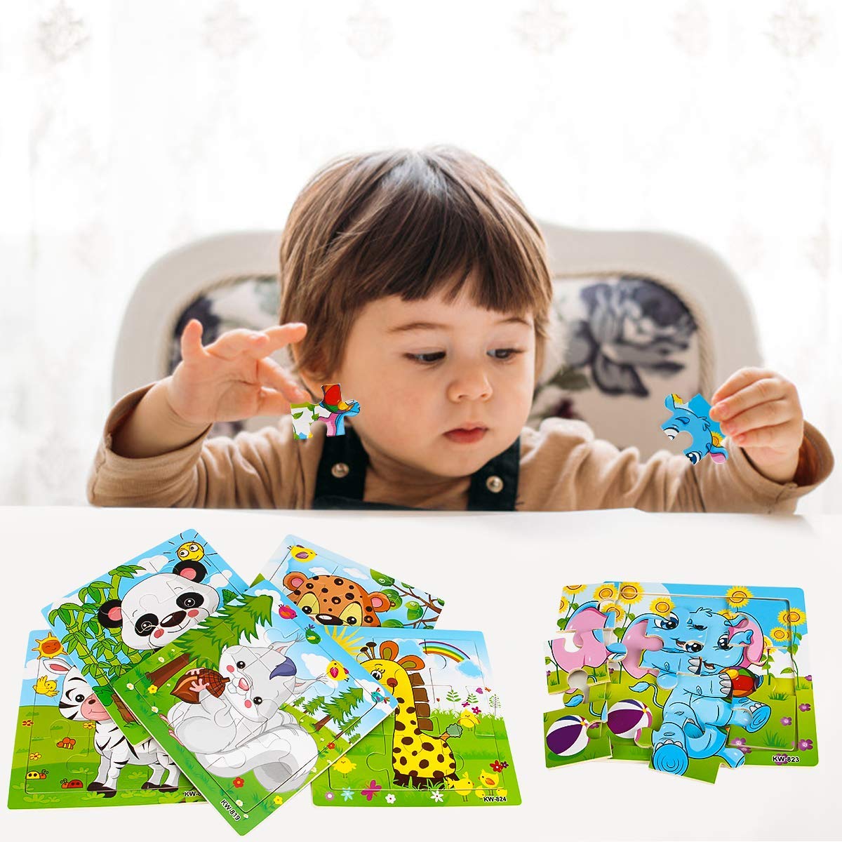 Wooden Animal Puzzles for Toddlers, 6-Puzzle Set, 20 Pieces Each