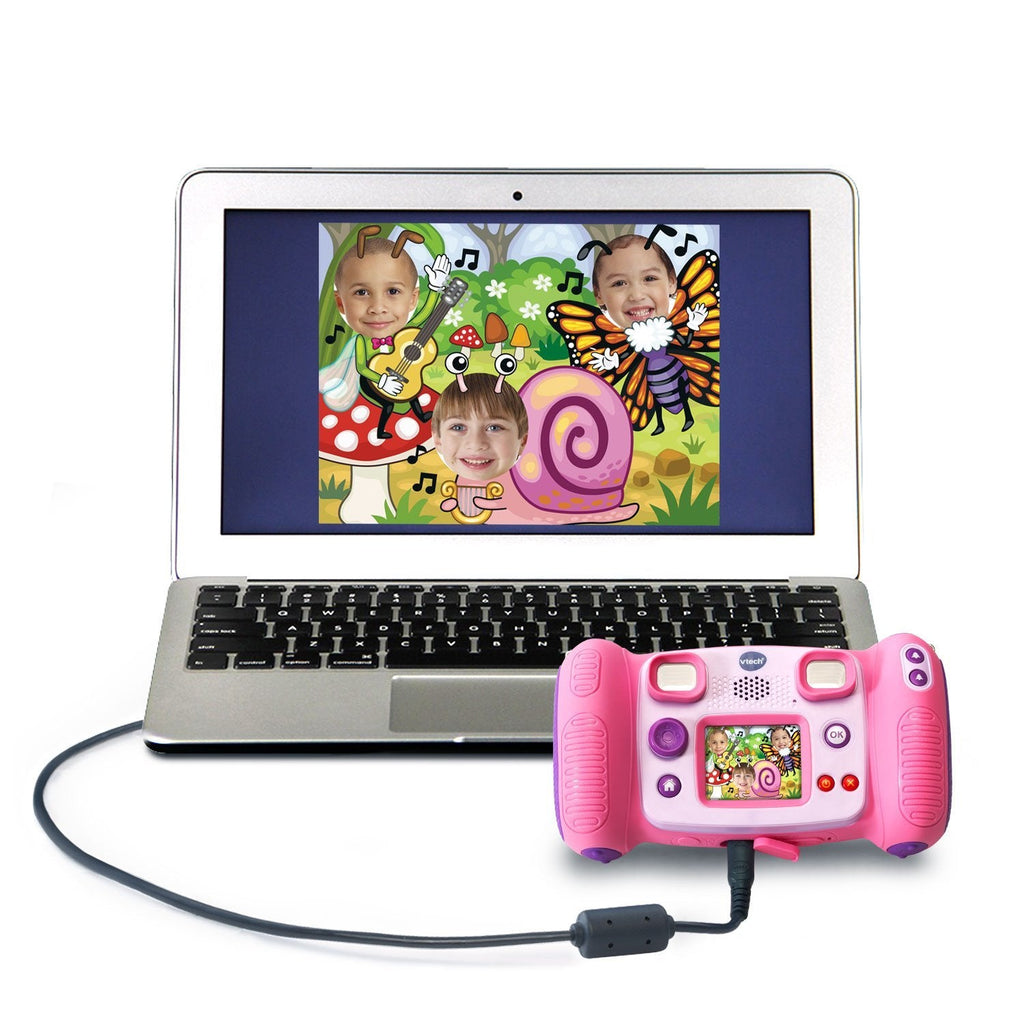 Pink camera connected to a laptop by a cable
