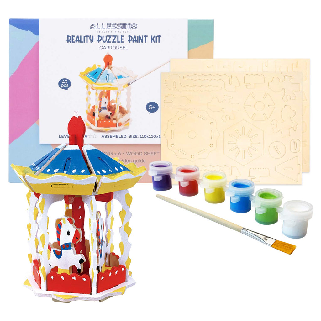 3D Wooden Carousel Puzzle & Paint Kit, 43 Pieces