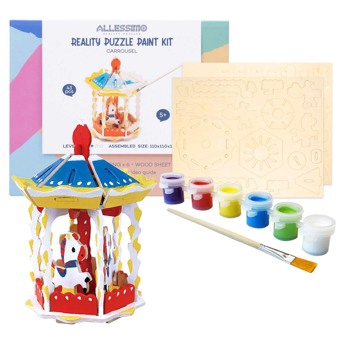 3D Wooden Carousel Puzzle & Paint Kit, 43 Pieces