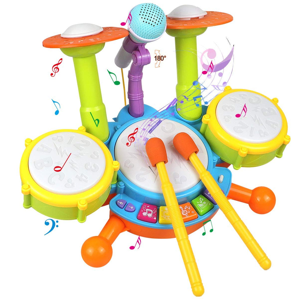 Colorful toy drum set with microphone, cymbals and drumsticks