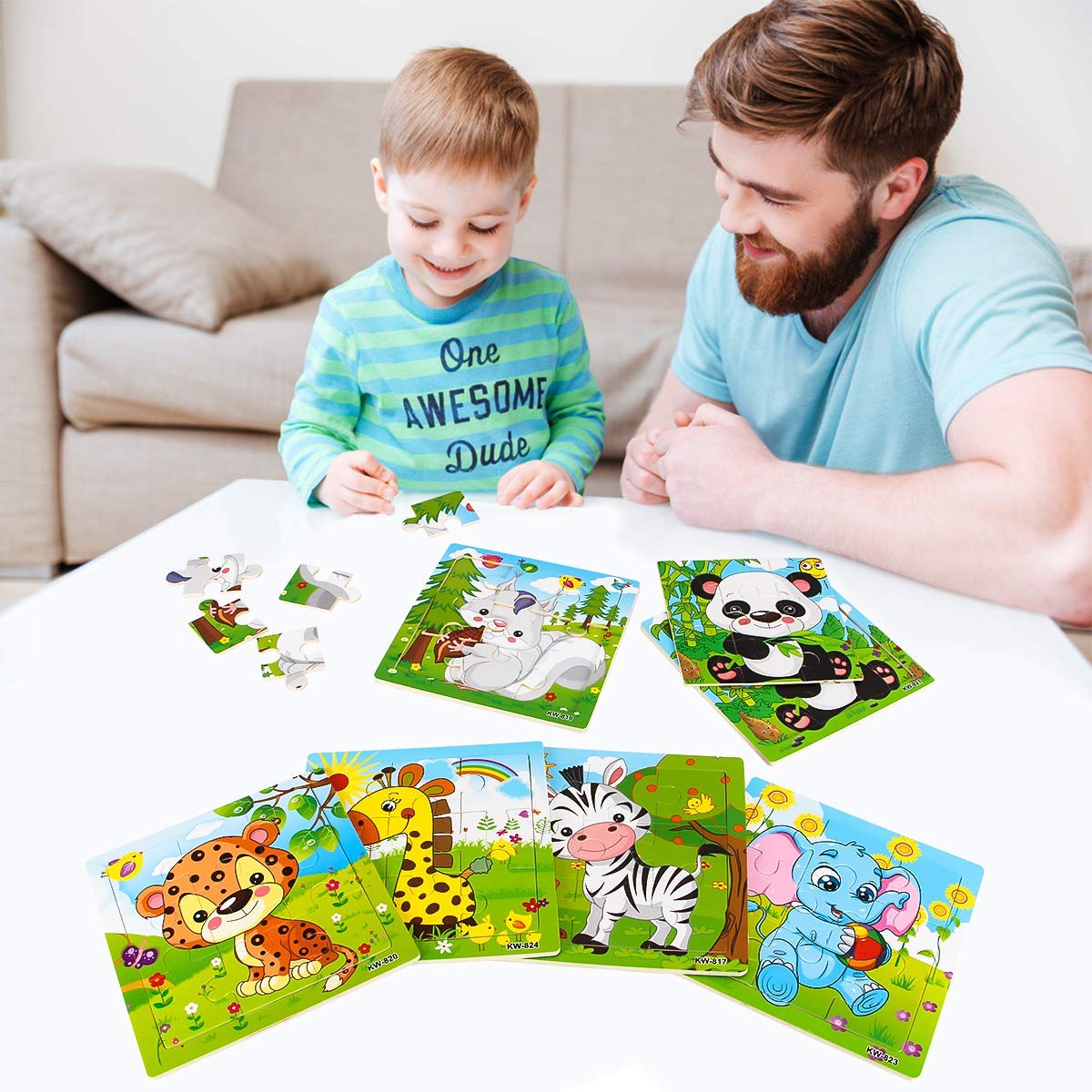Wooden Animal Puzzles for Toddlers, 6-Puzzle Set, 20 Pieces Each