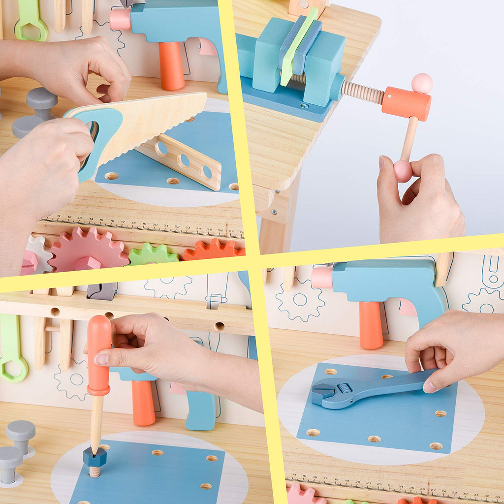 Wooden Kids Tool Workbench with Pretend Tools & Building Parts