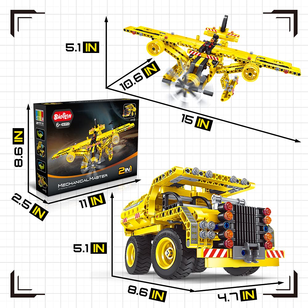 BAODLON 2-in-1 Truck & Airplane Building Kit, 361 Pieces