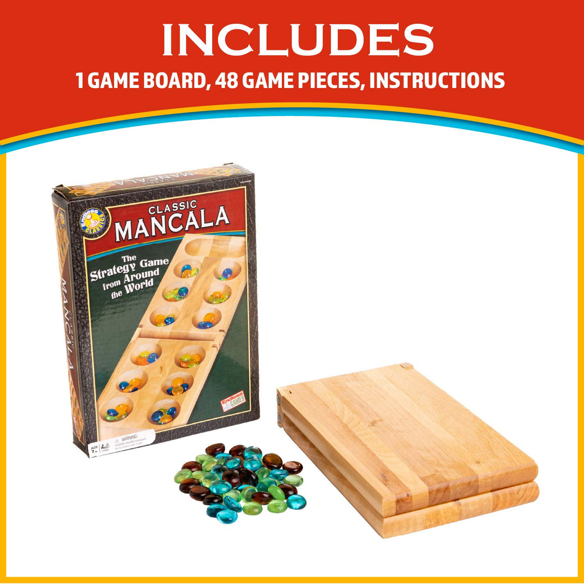 Mancala Board Game with Birch Wood Board & Glass Stones