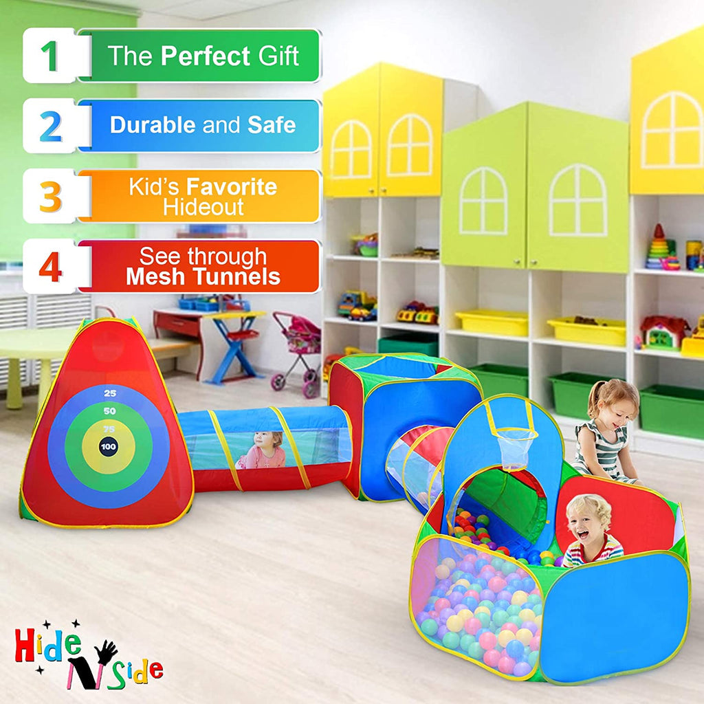 Kids Crawling Tent & Tunnel Play Set with Cube Ball Pit and Hoop