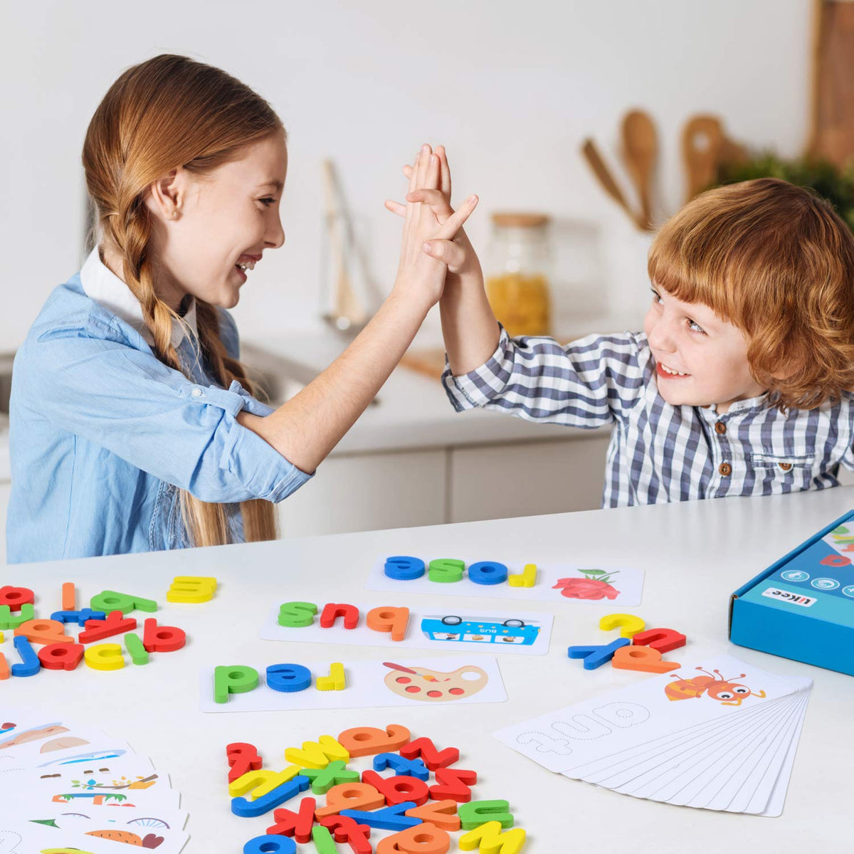 Montessori Wooden Alphabet Spelling Game, 52 Letters & 28 Cards