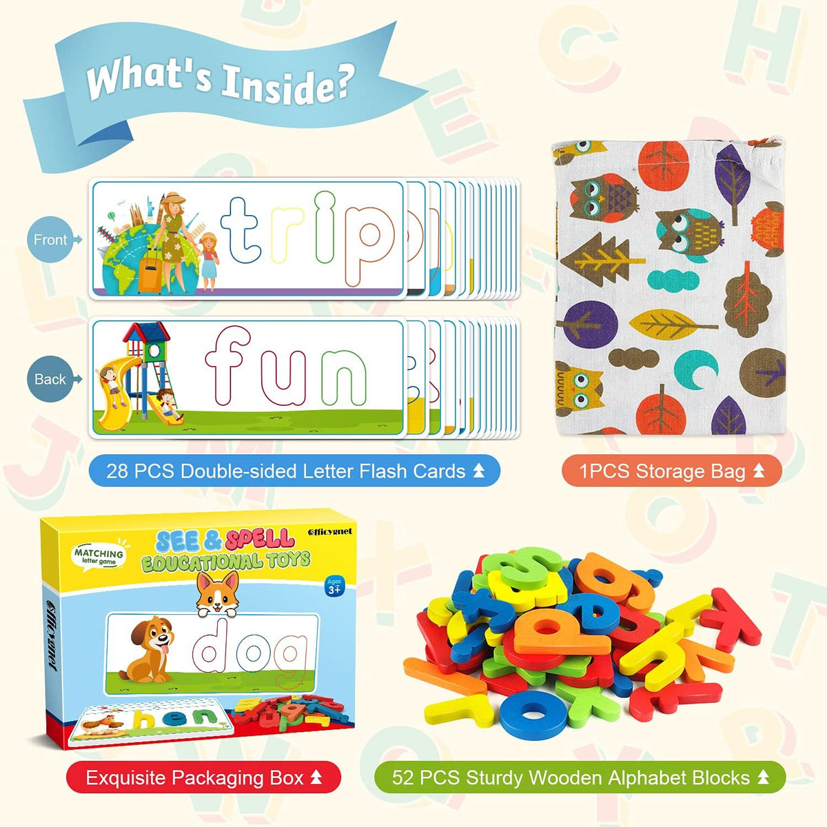 Montessori Spelling Game with 28 Double-Sided Cards & 52 Letters