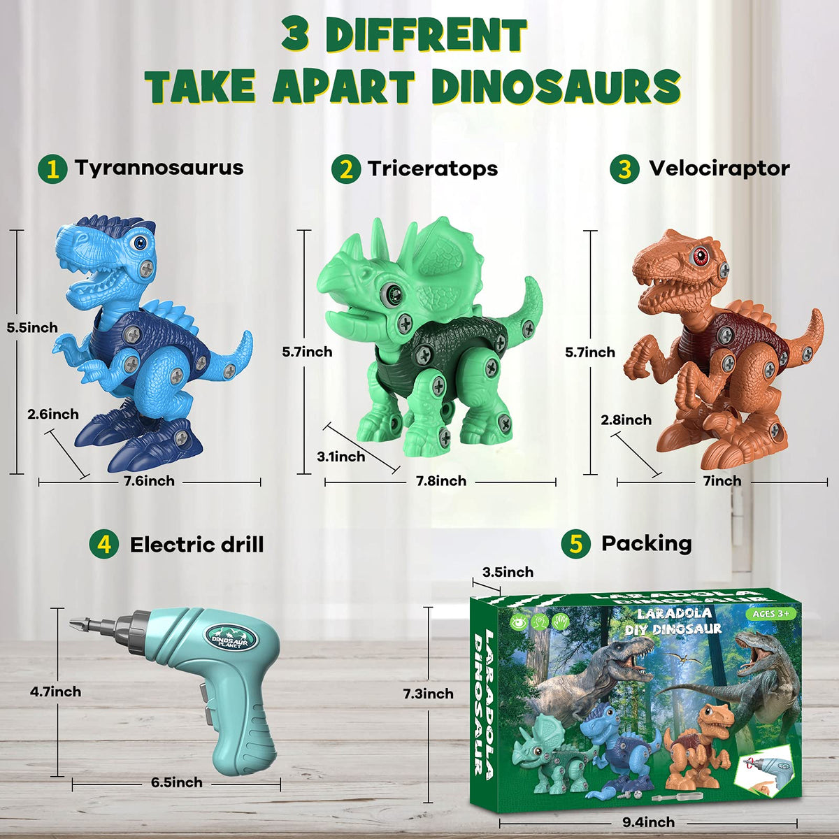 Build-and-Take-Apart Dinosaur STEM Kit with Electric Drill, 3 Dinosaurs