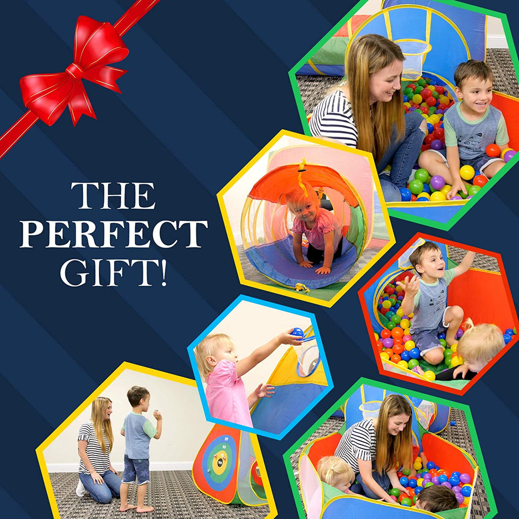 Kids Crawling Tent & Tunnel Play Set with Cube Ball Pit and Hoop
