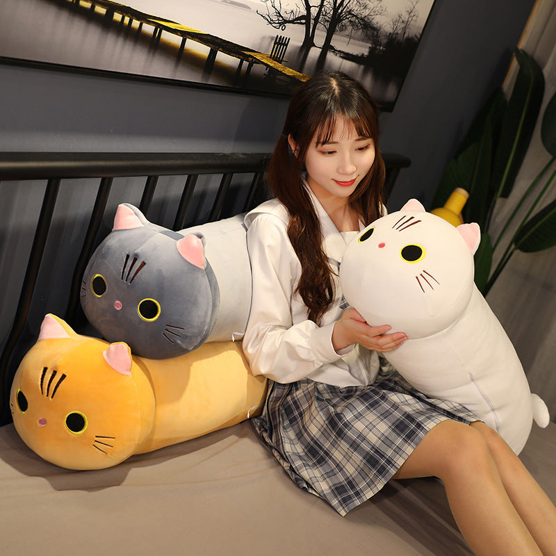 Side view of the long cartoon cat plush pillow