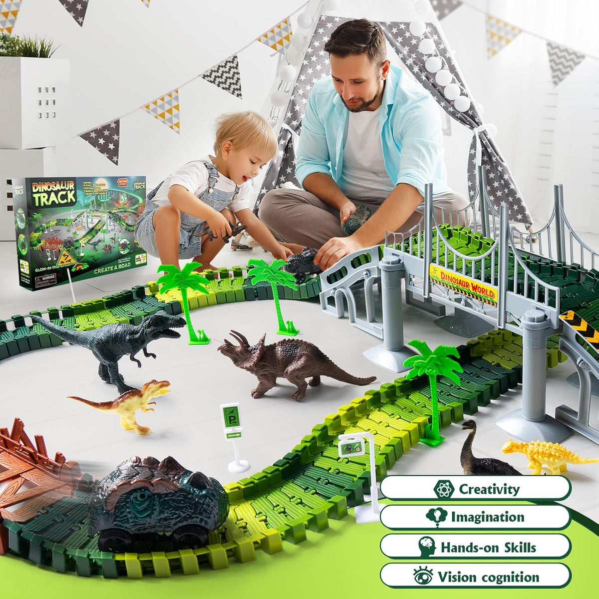 170+ Piece Dinosaur Race Track Set with 2 Battery-Powered Cars