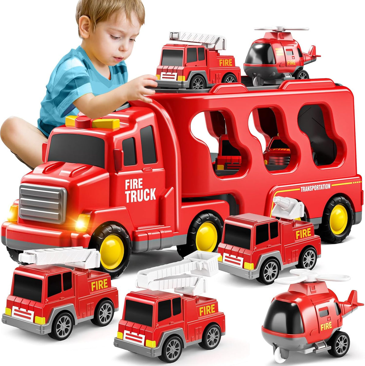 5-in-1 Fire Rescue Carrier Truck Set with 4 Mini Vehicles
