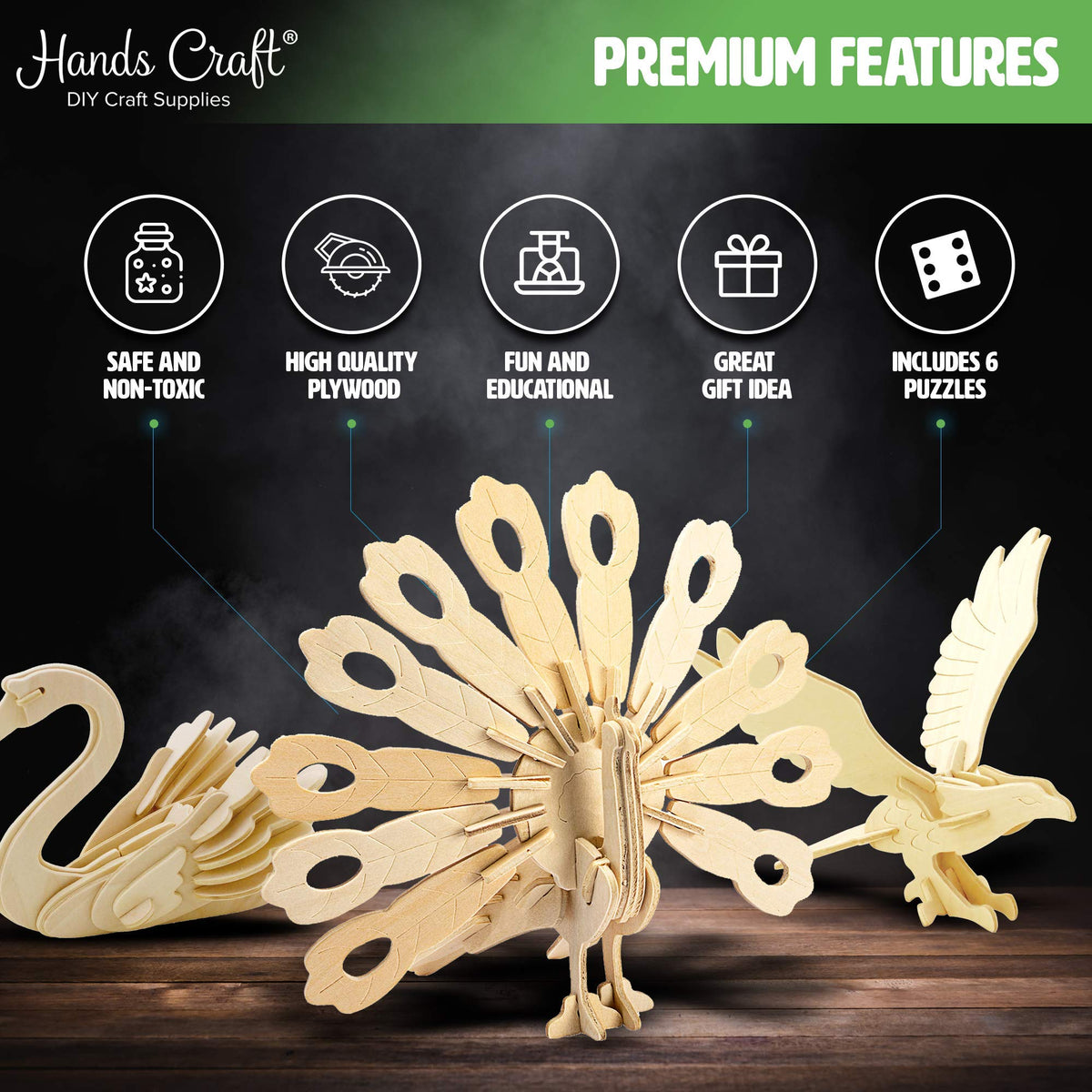 Hands Craft 3D Wooden Bird Puzzle Set, 6 Models