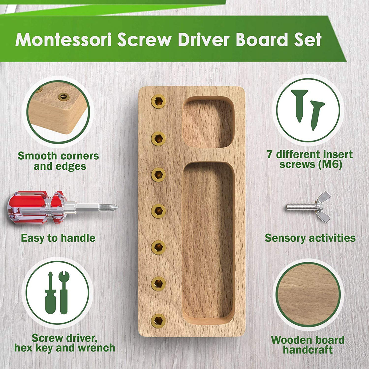 Montessori Wooden Screwdriver Skills Board with 7 Bolts & Tools