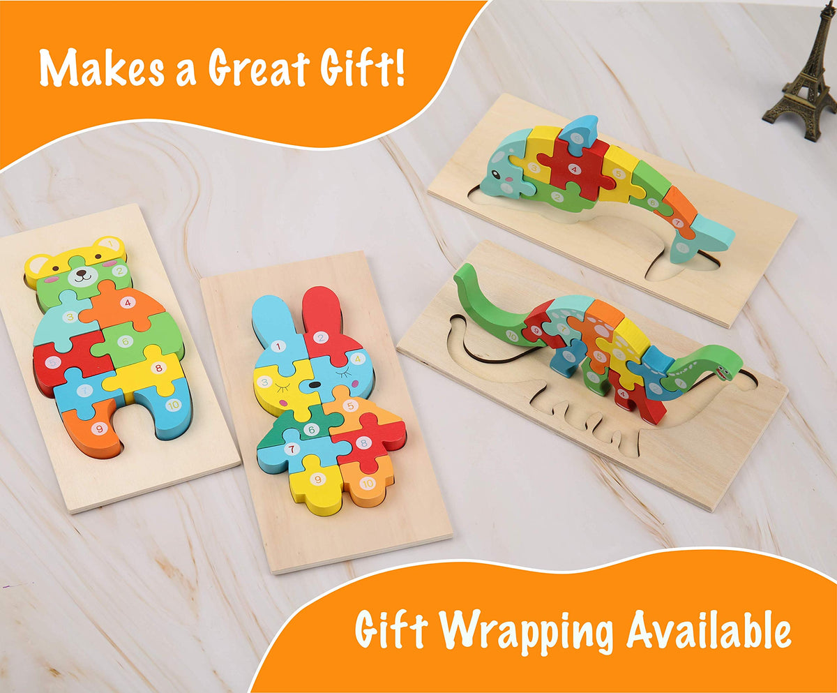 Wooden Montessori Puzzles Including: Dinosaur, Dolphin, Rabbit And Teddy Bear Patterns