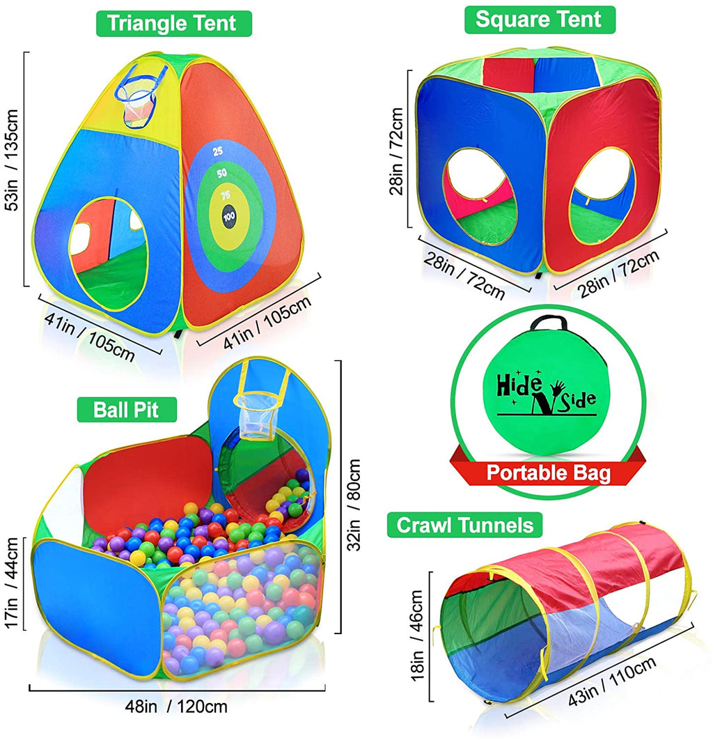 Kids Crawling Tent & Tunnel Play Set with Cube Ball Pit and Hoop