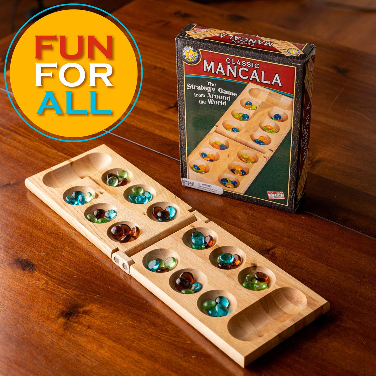 Mancala Board Game with Birch Wood Board & Glass Stones