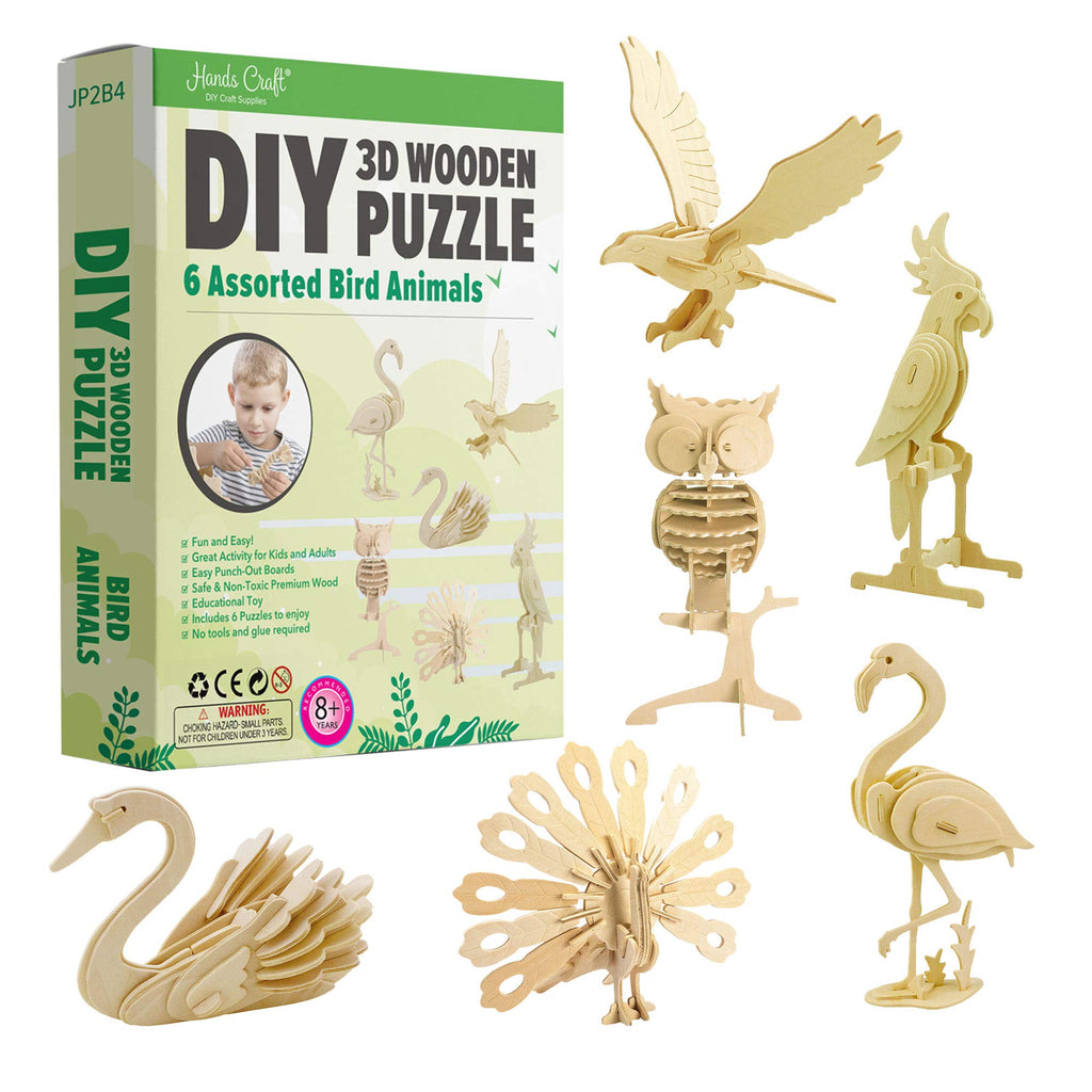 Hands Craft 3D Wooden Bird Puzzle Set, 6 Models - product photo