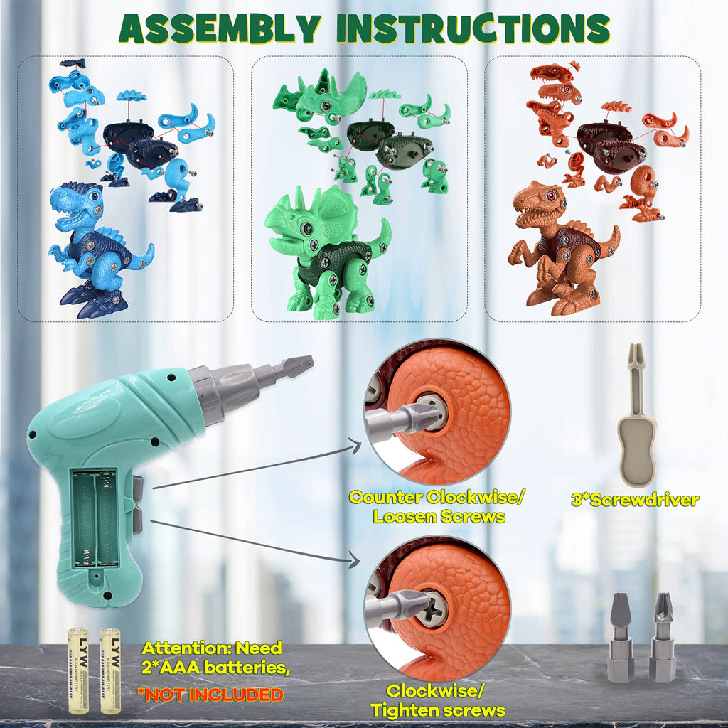 Build-and-Take-Apart Dinosaur STEM Kit with Electric Drill, 3 Dinosaurs