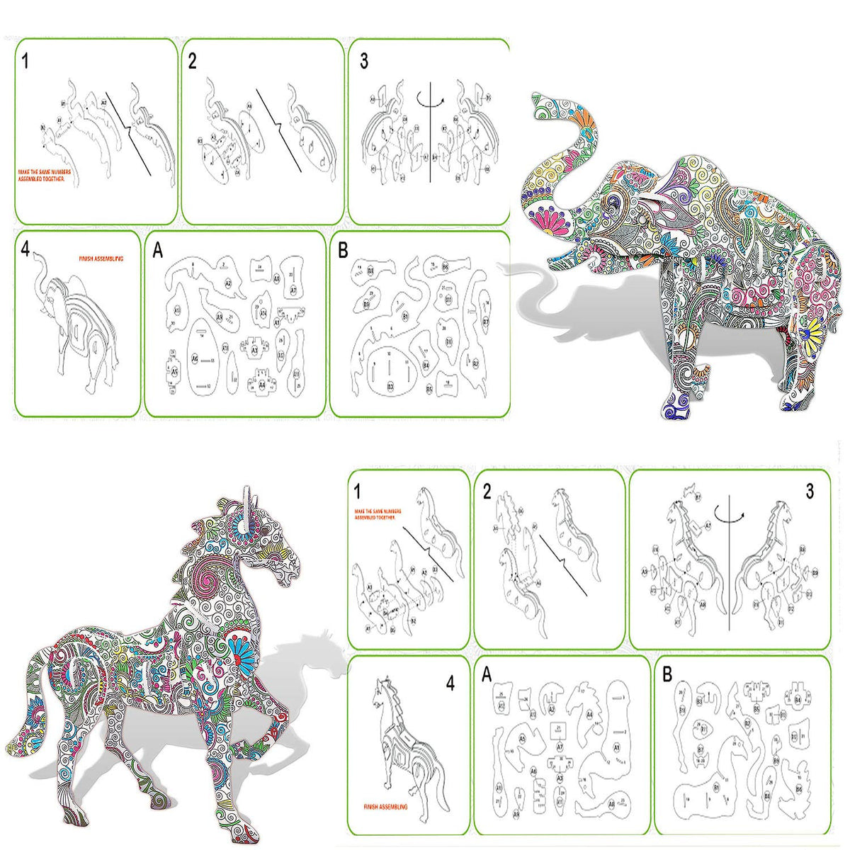 3D Coloring Puzzle Set for Kids, 10 Models & 48 Gel Pens