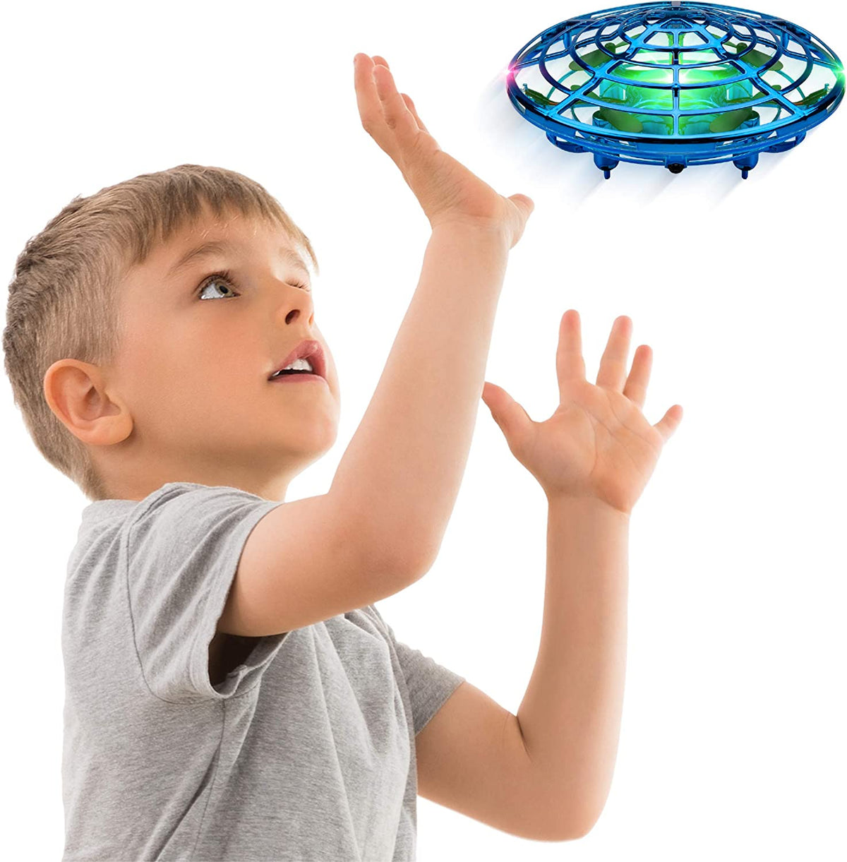 Child guiding a blue guarded UFO drone above an open hand