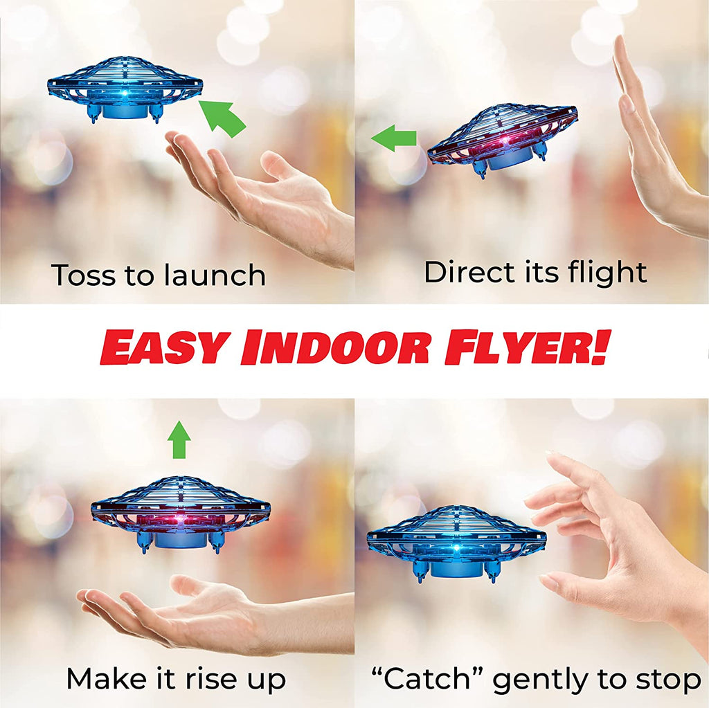 Hand gestures demonstrating launch, direction and stopping a UFO drone