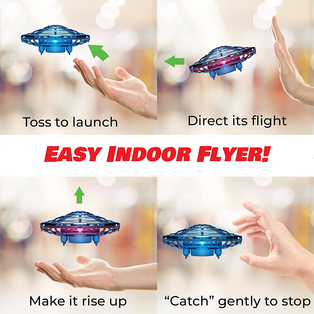 Hand gestures demonstrating launch, direction and stopping a UFO drone