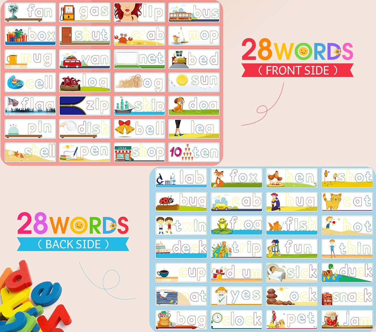 Montessori Spelling Game with 28 Double-Sided Cards & 52 Letters