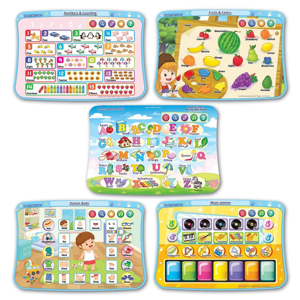 Assorted illustrated activity pages for the desk