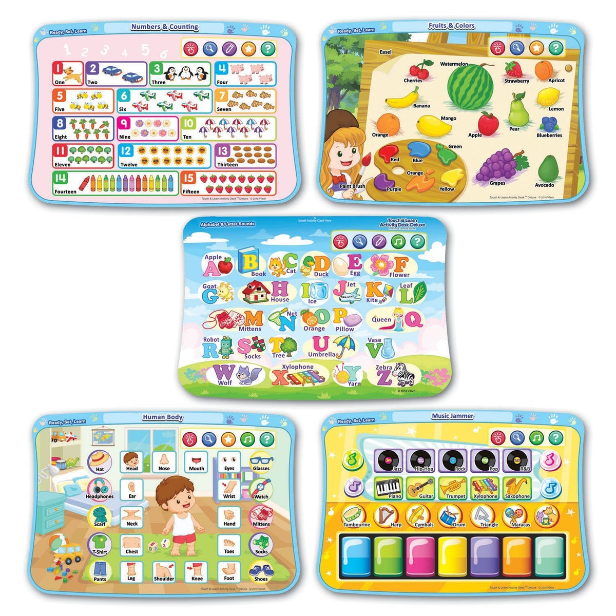Assorted illustrated activity pages for the desk