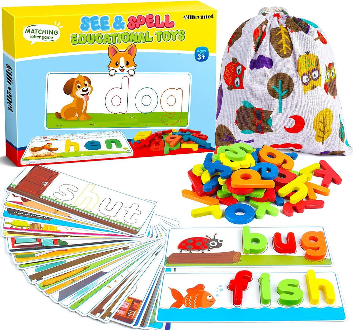 Montessori Spelling Game with 28 Double-Sided Cards & 52 Letters