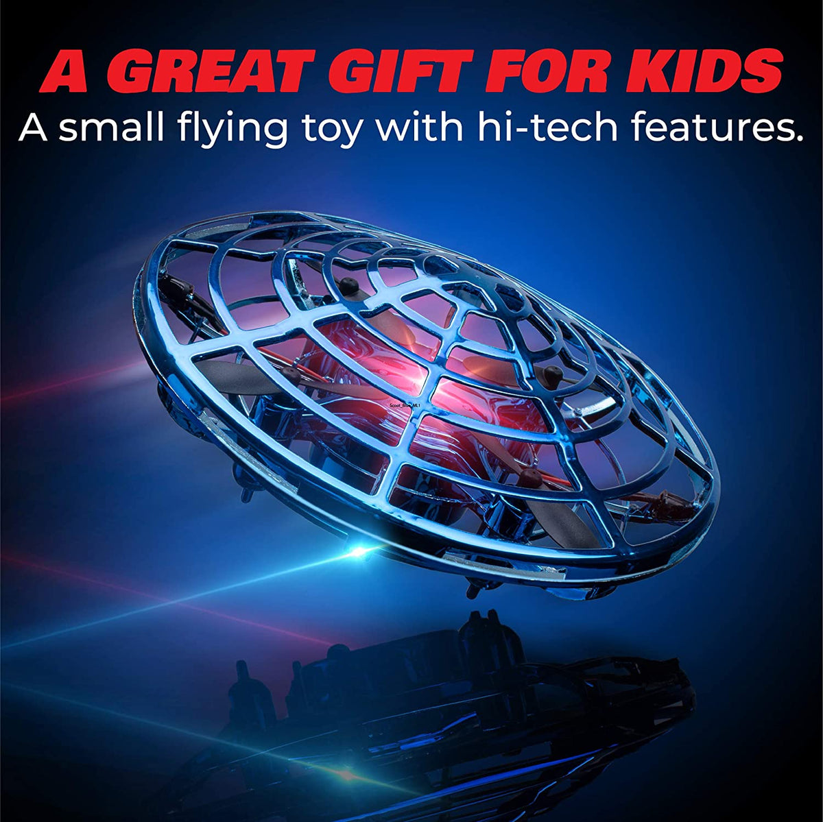 Blue flying saucer drone with glowing red and blue lights