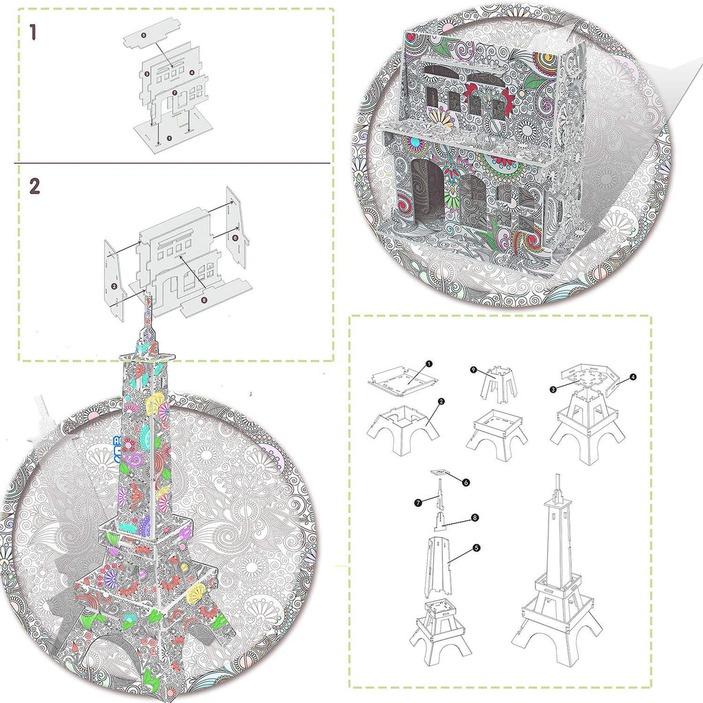 3D Coloring Puzzle Set for Kids, 10 Models & 48 Gel Pens
